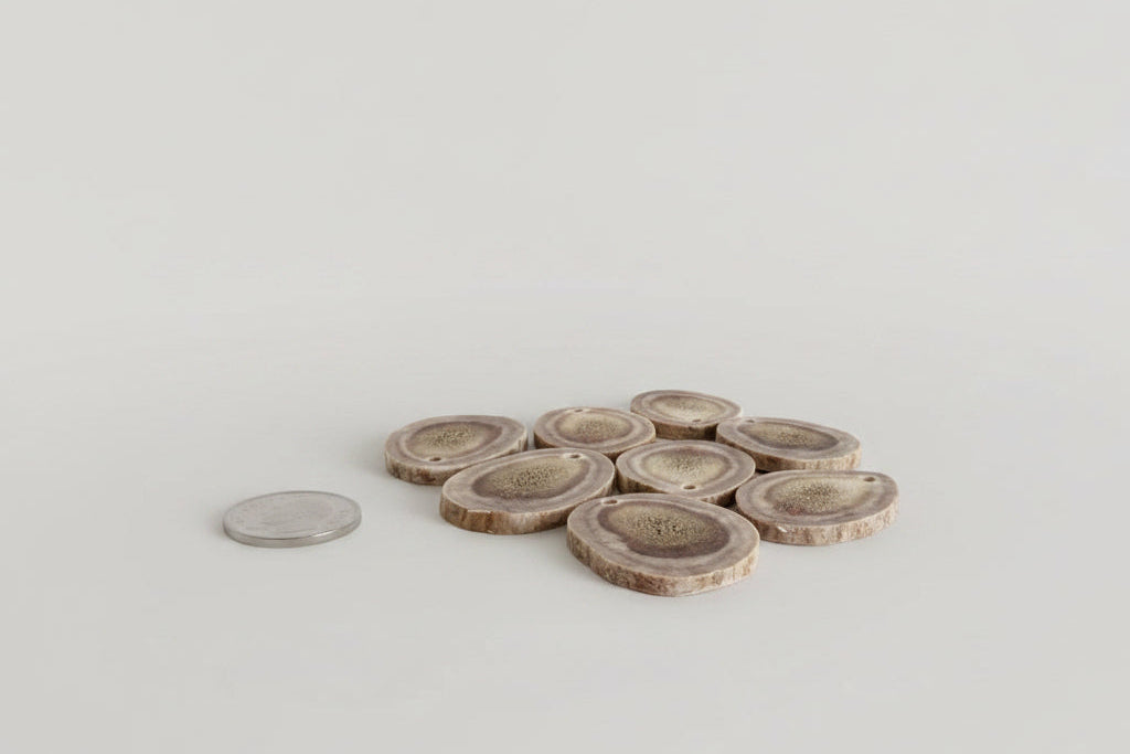 Side view of caribou antler slices with a small hold on a gray background