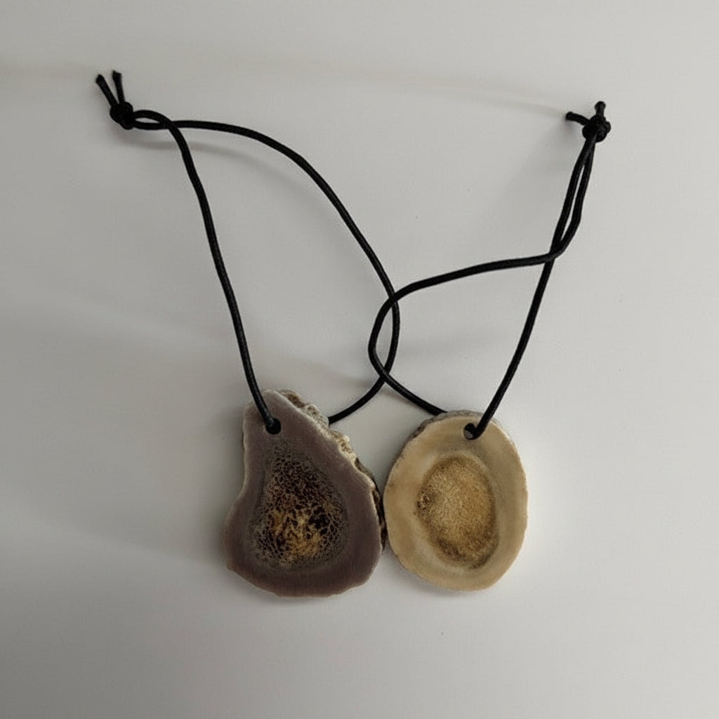 Two slice deer antler on black strings against a white background