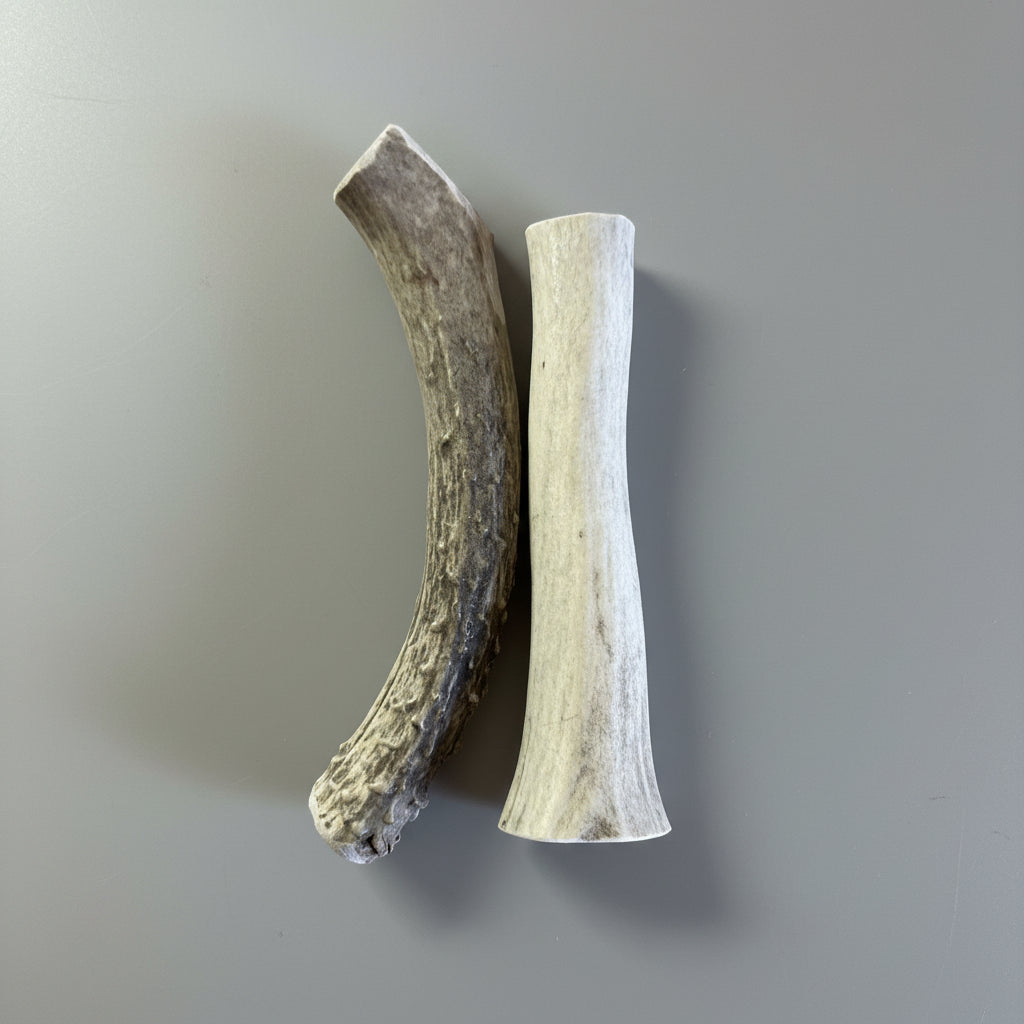 6 inch deer antler dog chews on a gray background