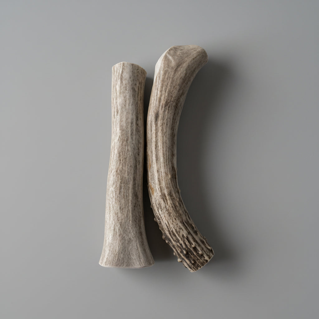6 inch deer antler dog chews on a gray background