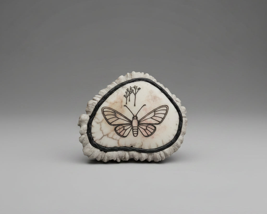 Elk antler cornet with a butterfly and branches engraved on a gray background