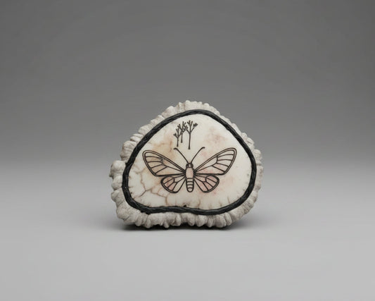 Elk antler cornet with a butterfly and branches engraved on a gray background