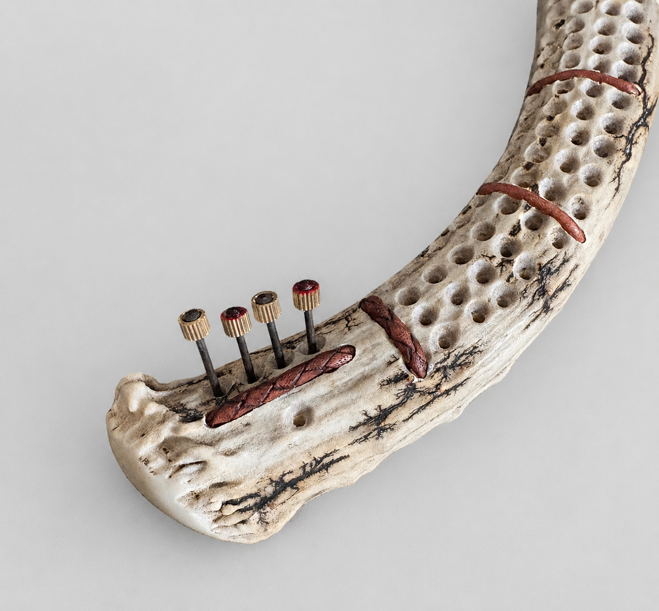 Picture showing the pegs at the end on the antler cribbage board on a gray background