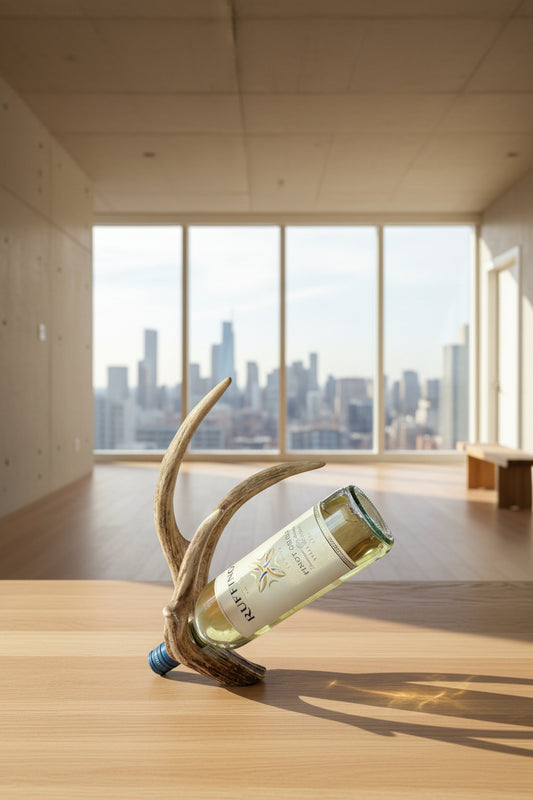 Wine bottle on a decorative antler holder on a gray background