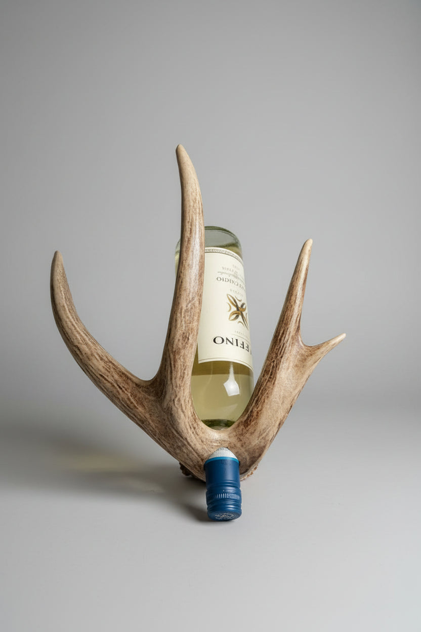 Wine bottle in an antler holder on a kitchen counter