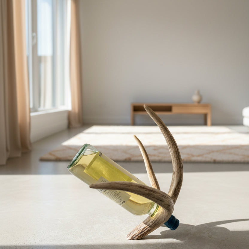 decorative deer antler wine bottle holder on a living decor