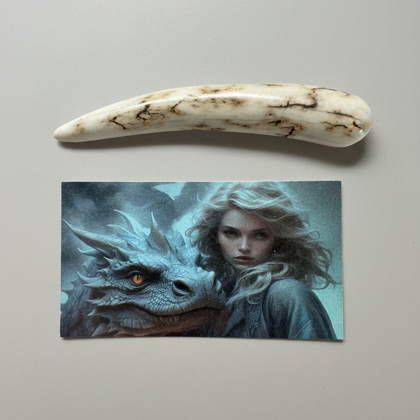 Dragon tooth like made of a deer antler tip with black strike on a gray background