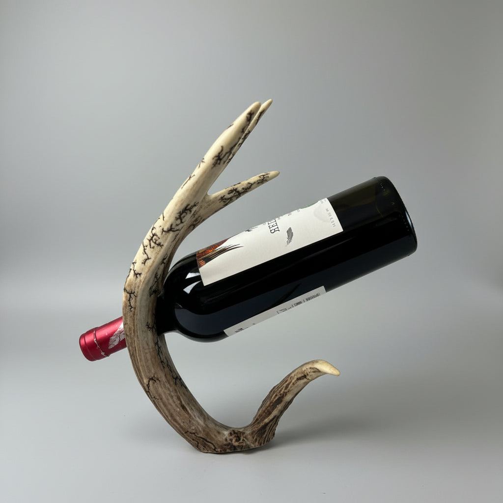 Mule deer antler bottle holder on a gray background