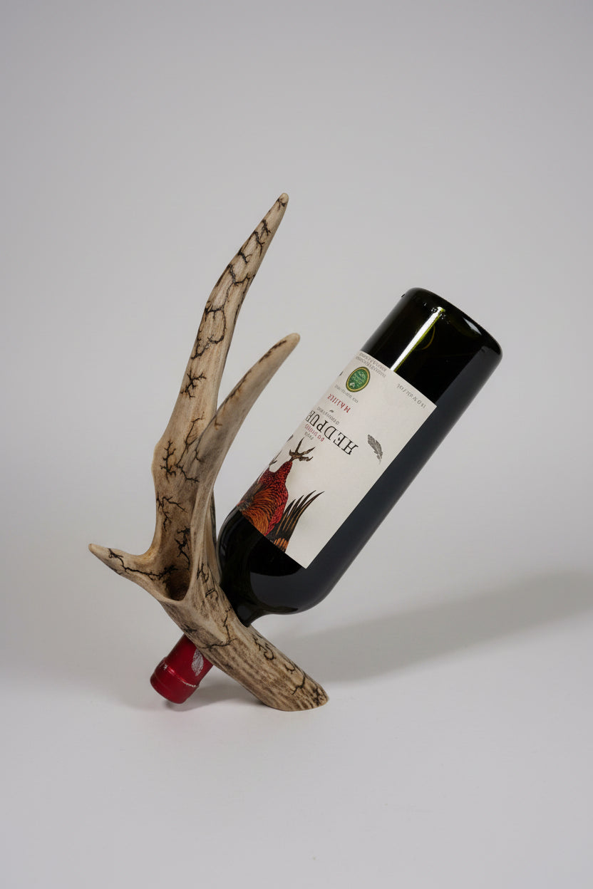 Mule deer antler bottle holder on a gray background