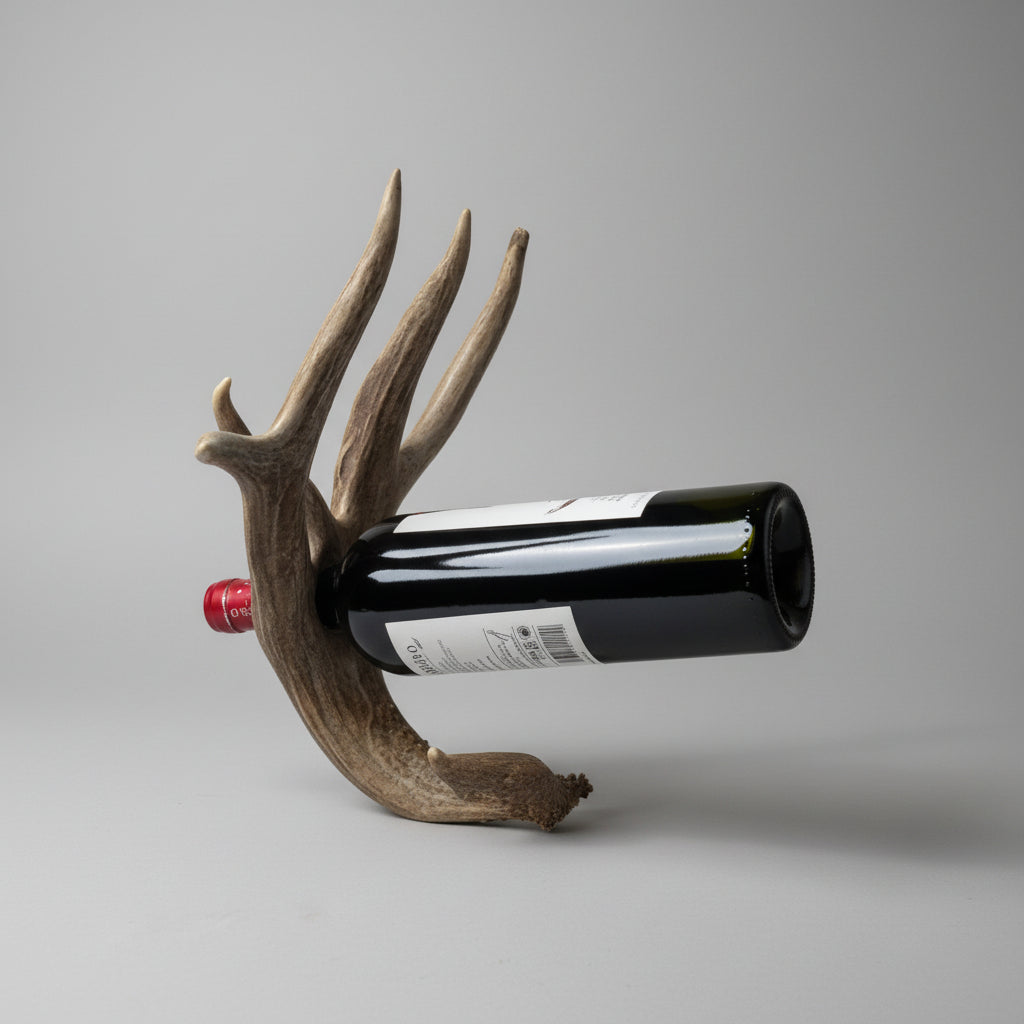 Whitetail deer antler bottle holder on a gray background
