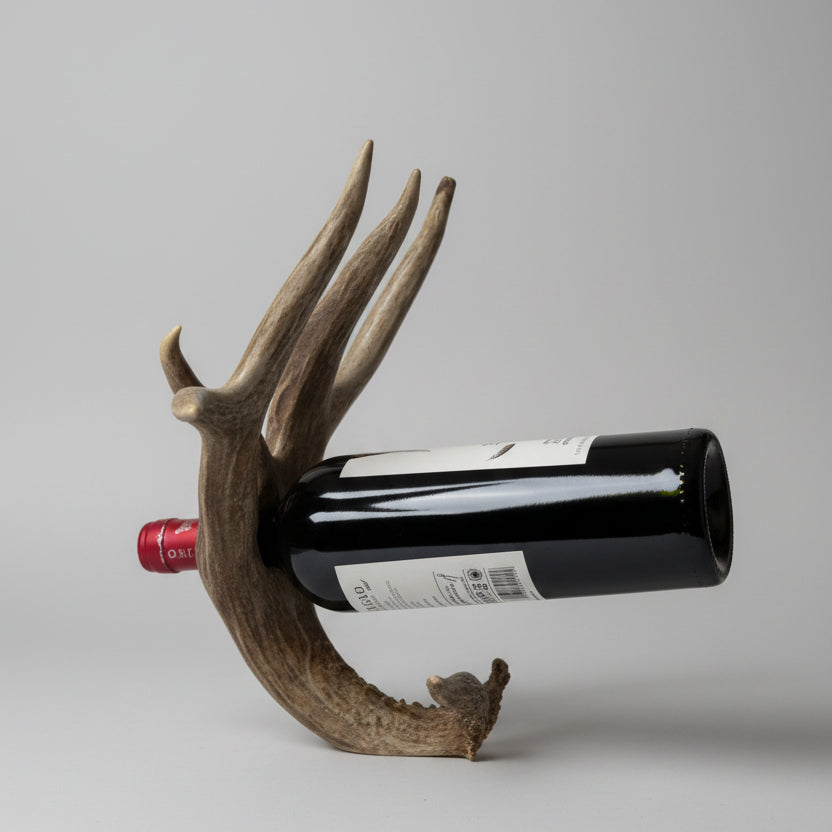 Whitetail eer antler bottle holder on a gray background