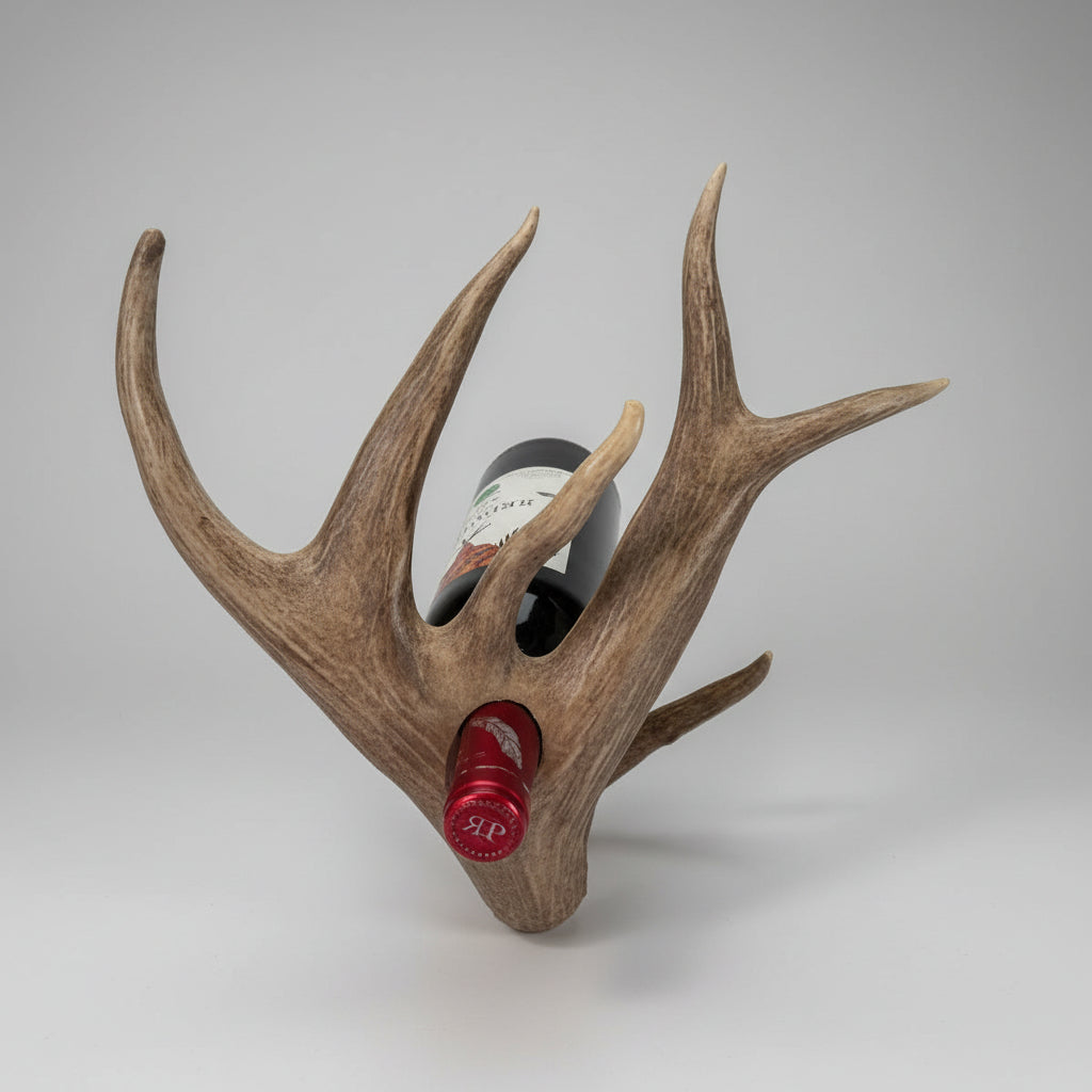 Whitetail deer antler bottle holder on a gray background