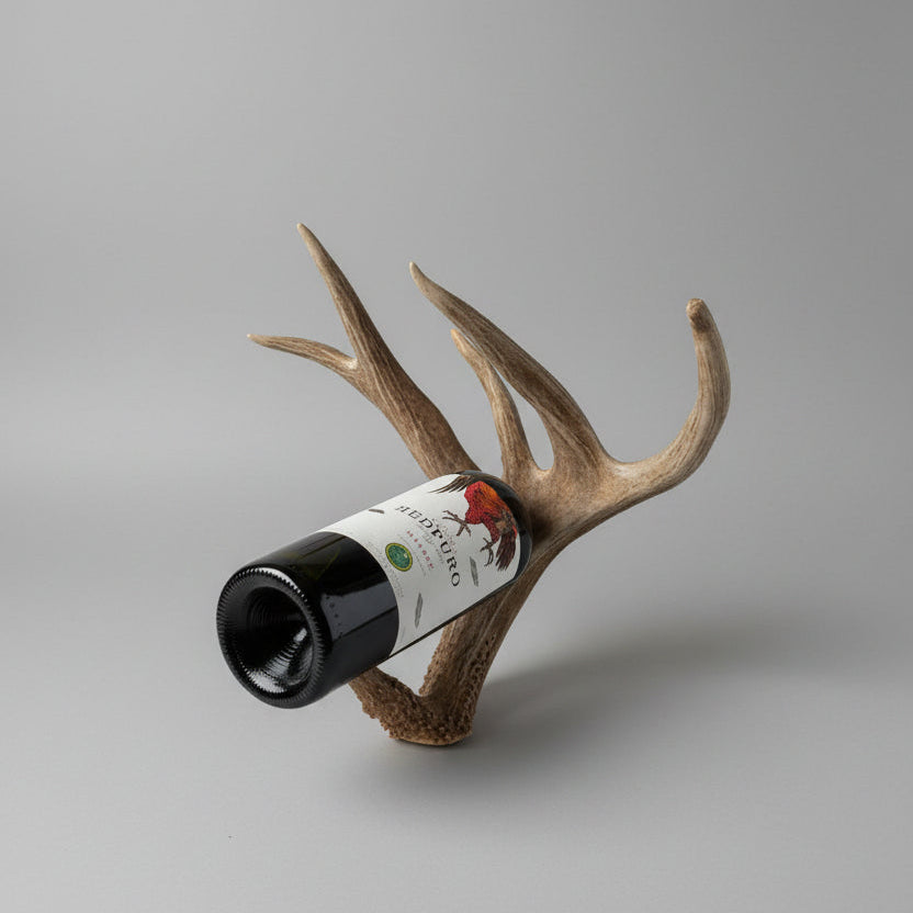 Whitetail deer antler bottle holder on a gray background