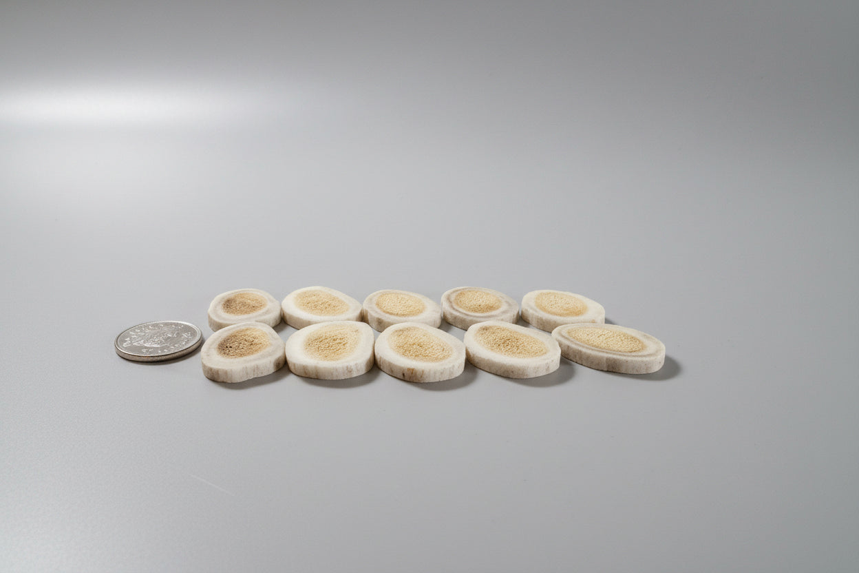 Side view of deer antler slices on a gray background