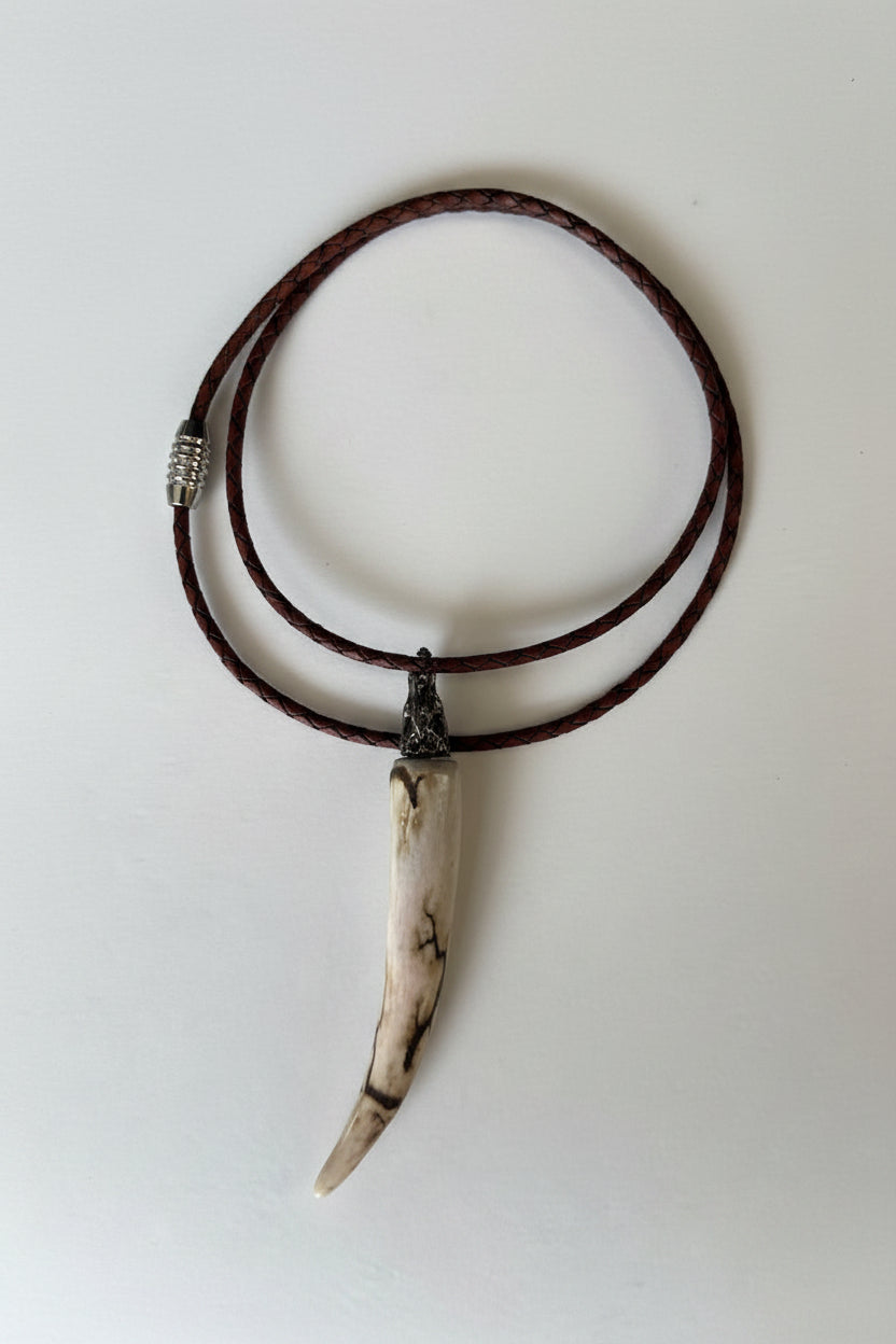Deer antler tips necklace polished and with black strike attached to a metal wolf head with a black leather cord on a gray background