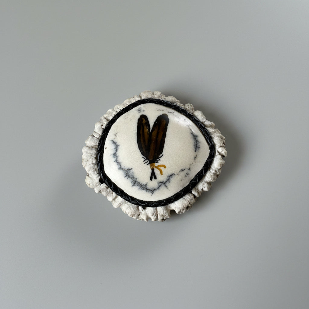 Decorative cornet of a elk antler end with 2 feathers inlayed and polished on a gray background