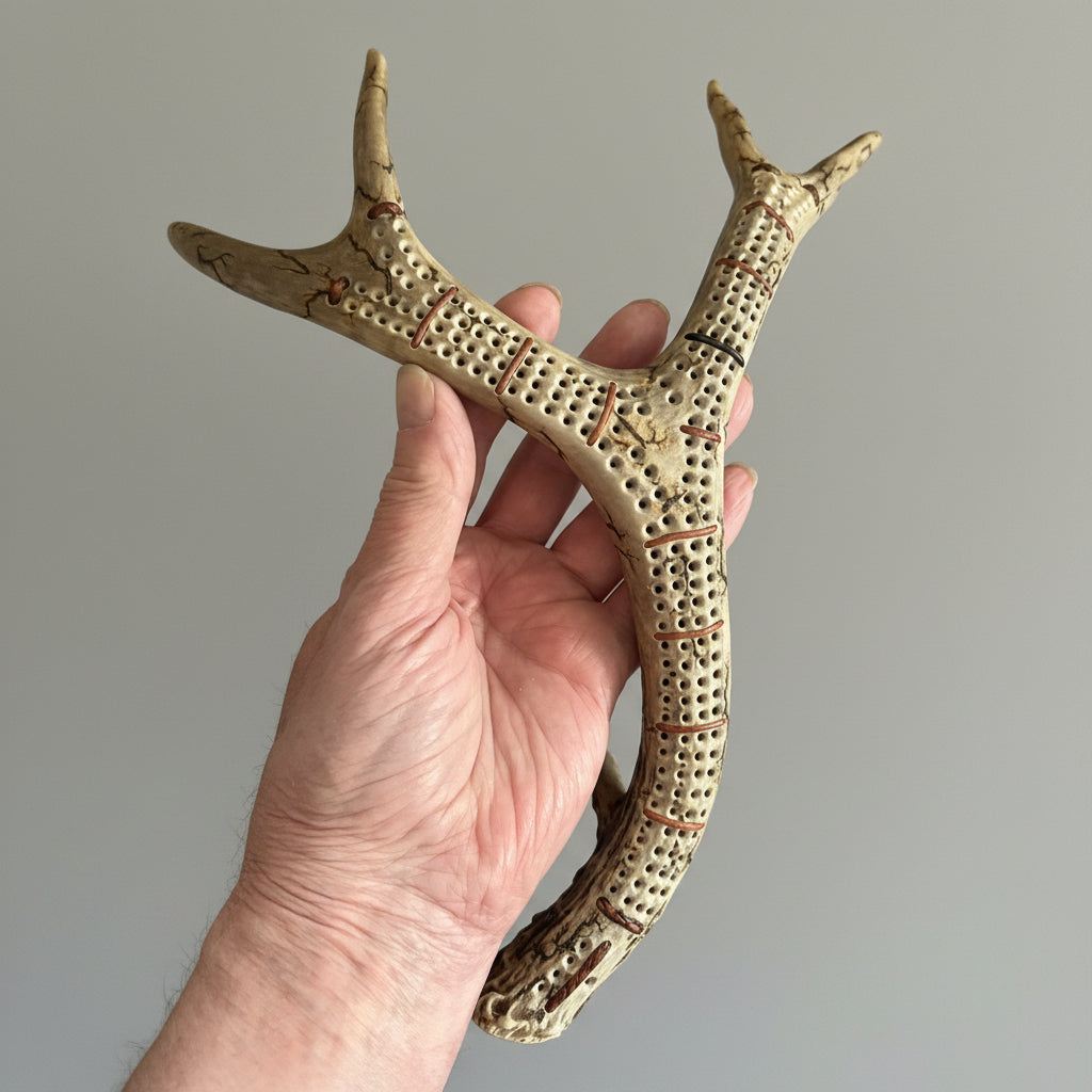 Hand holding a cribbage board o a gray background