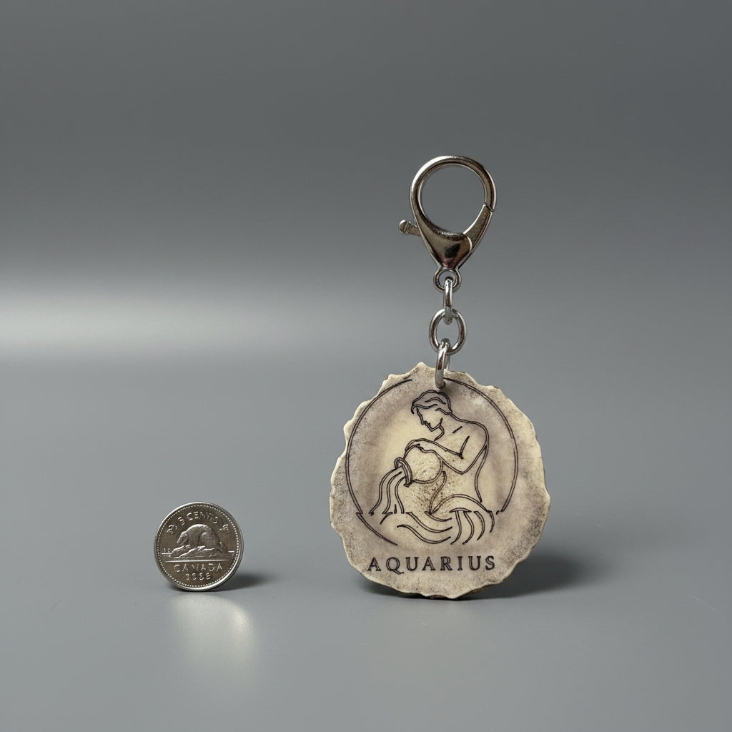 Other side of moose antler zodiac sign keychain on a gray background