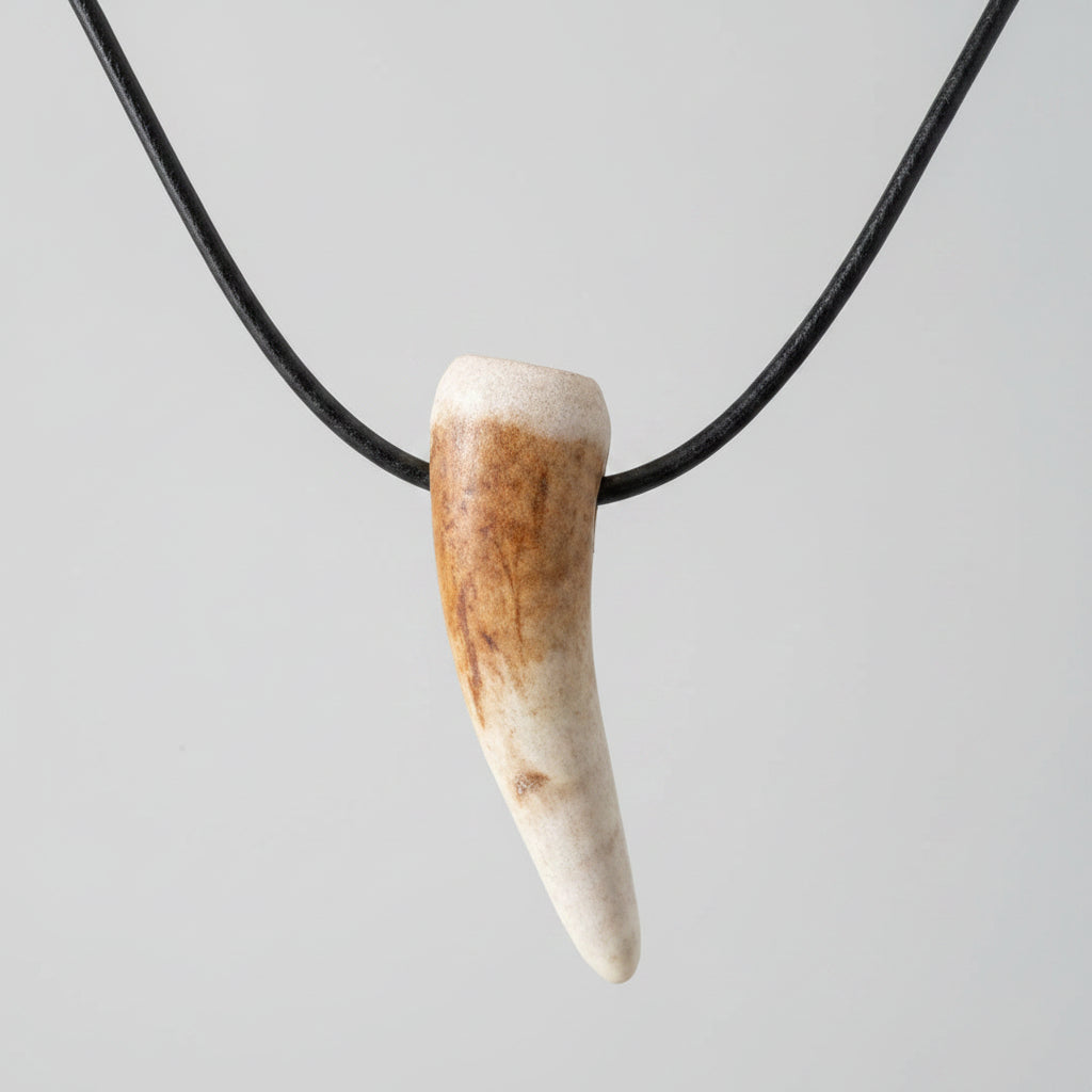 Other side view of the elk antler tip necklace with aroma diffuser on a gray background 
