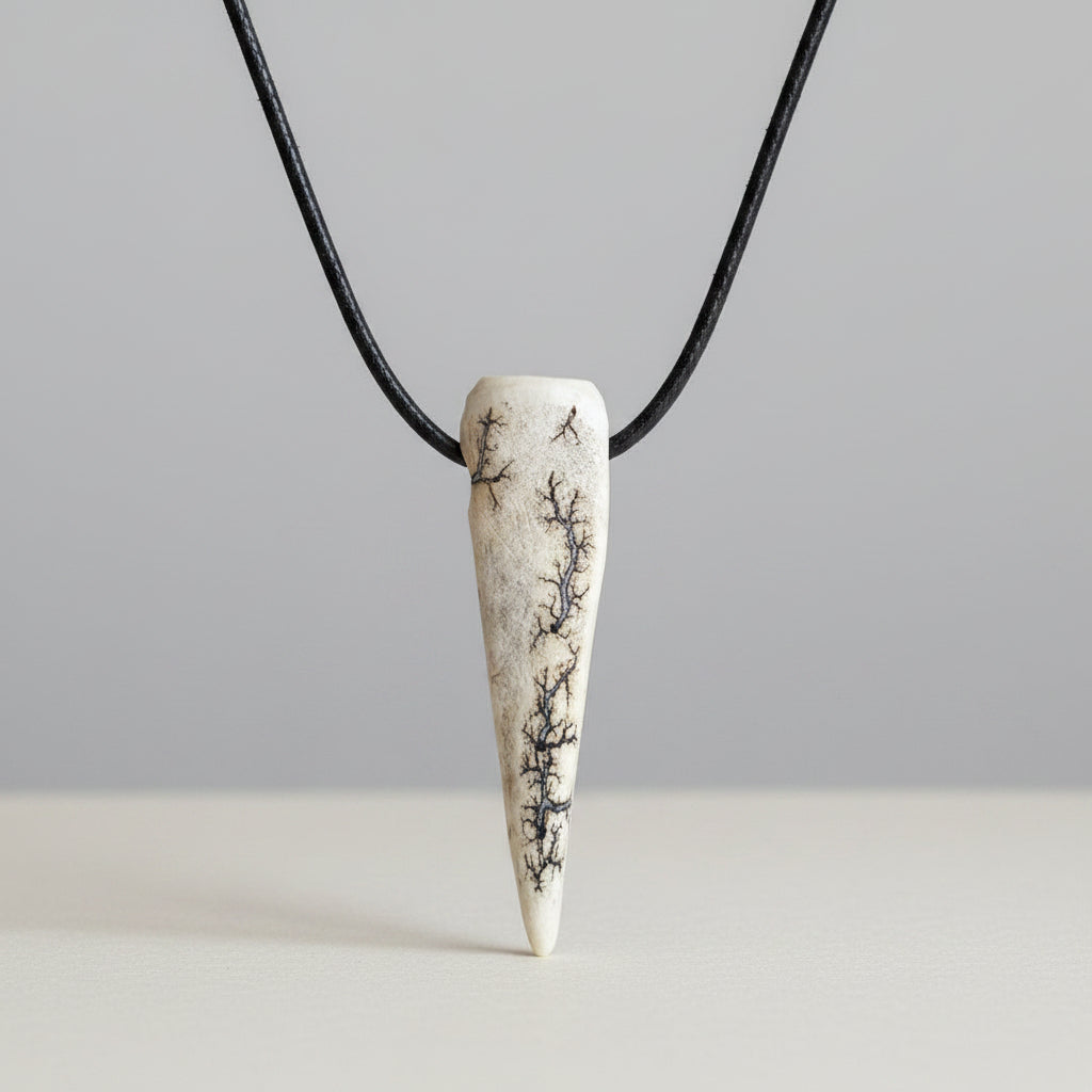 other side view of Deer antler tip necklace with aroma diffuser on a gray background 