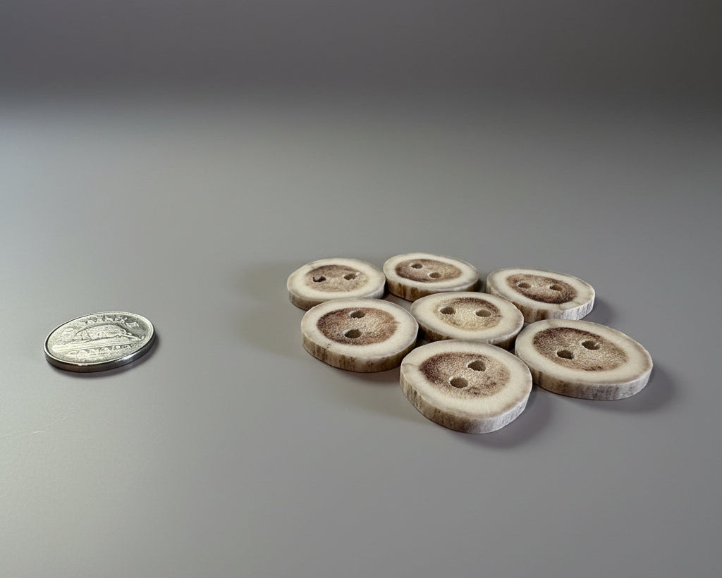 Side view of deer antler buttons on a gray background