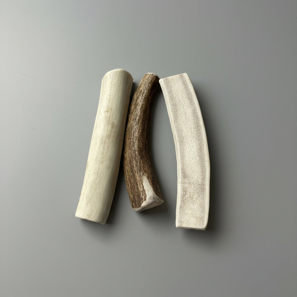 3 deer antler dog chew on a gray background