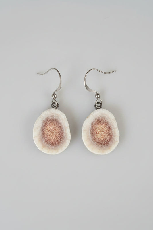 Natural deer antler earrings on a gray background