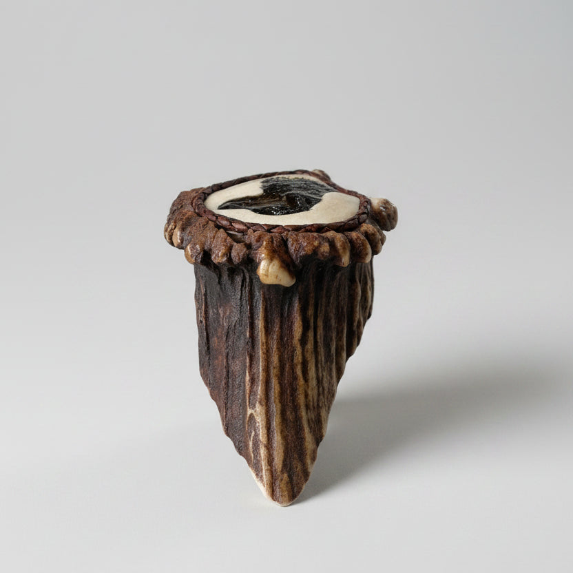 view of the back elk antler cornet with the carved dog head on a gray background