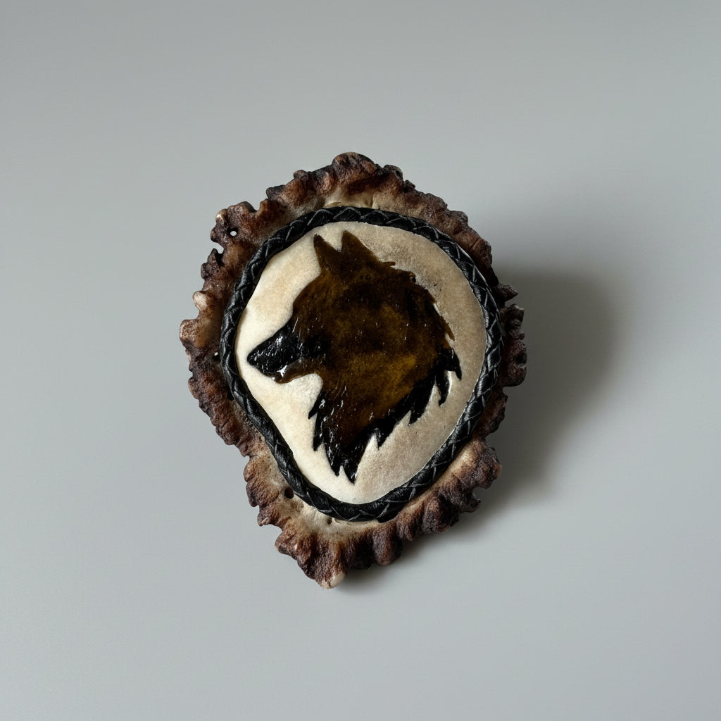 decorative elk antler cornet with a wolf head carved and inlayed on a gray background
