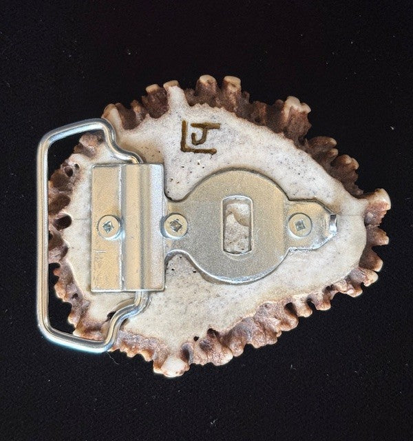 Back view of the Elk antler belt buckle with a turtle inlaid and polished on a black background