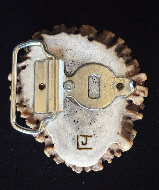 back view of the Elk antler belt buckle with a bear engraved and polished on a black background