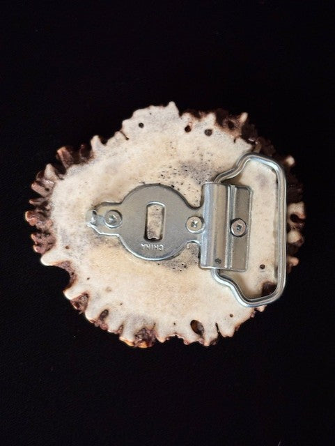 Back view of the Elk antler belt buckle with a bull inlaid an polished on a black background