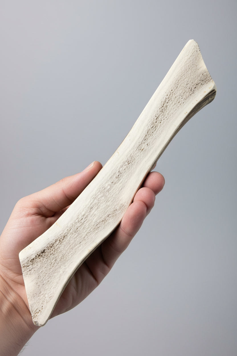 elk dog chews on a gray background