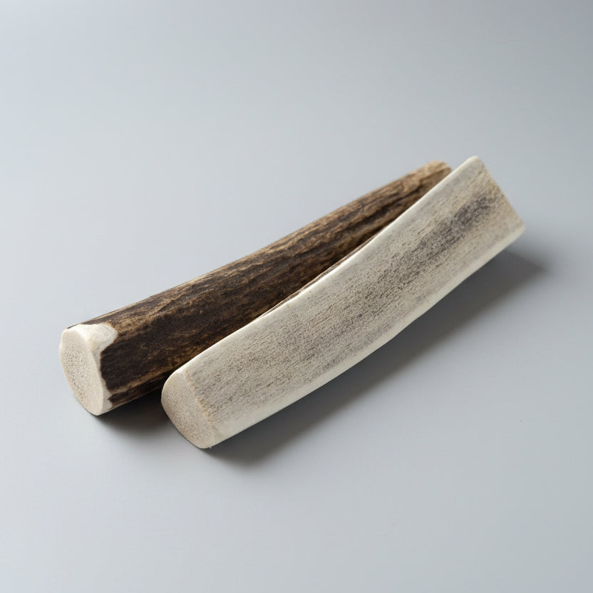 elk dog chews on a gray background