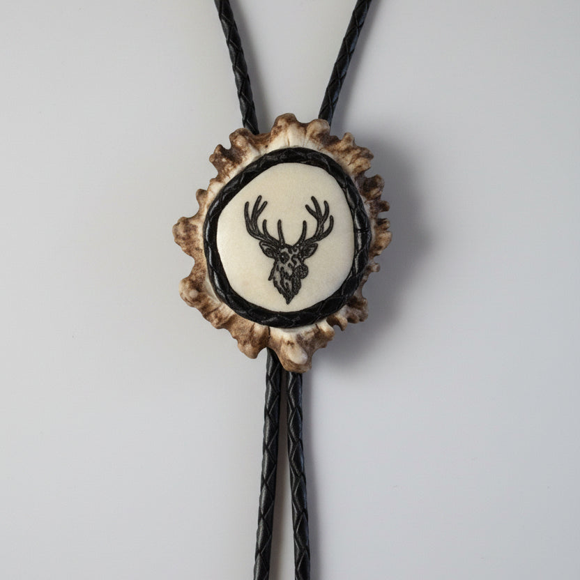 engraved elk bolo tie on a moose antler cornet on a gray background