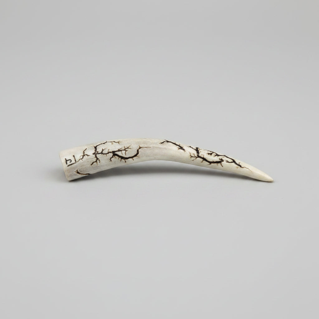 Bottom view of the Natural deer antler comfort tine polished and decorated with strikes on a gray background
