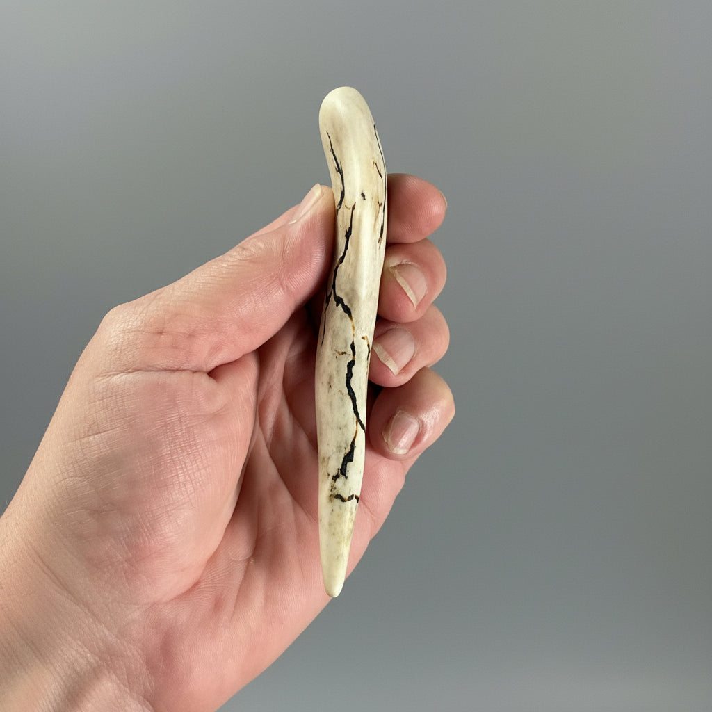 thickness of the polished deer antler on a gray background