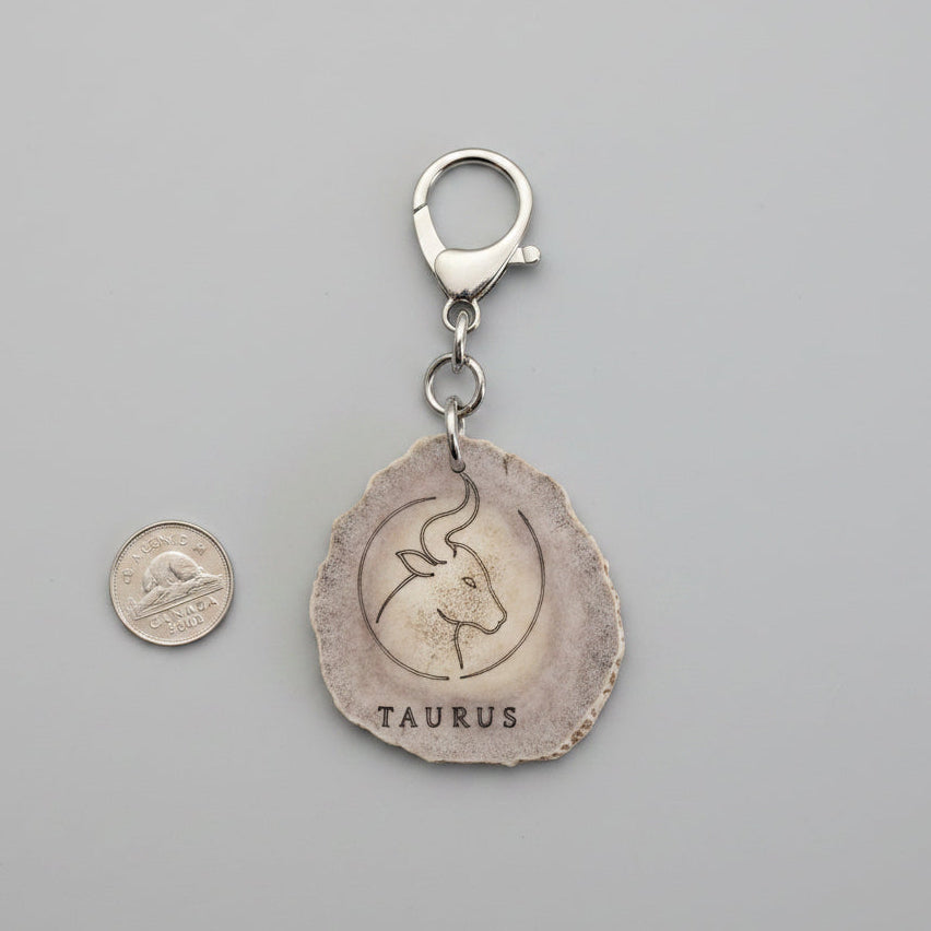 Other side of a moose antler zodiac sign keychain on a gray background