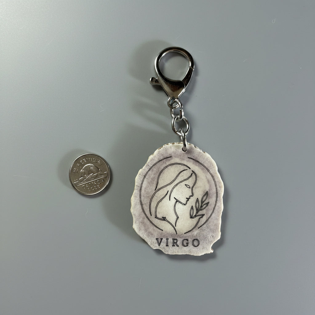 Other side of a moose antler zodiac sign keychain on a gray background