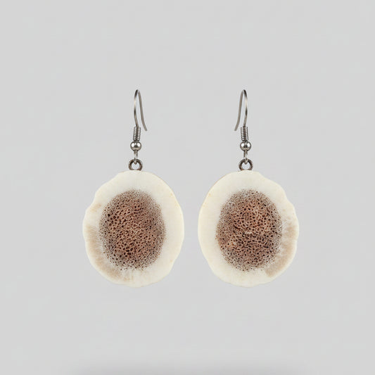 Natural deer antler earrings on a gray background